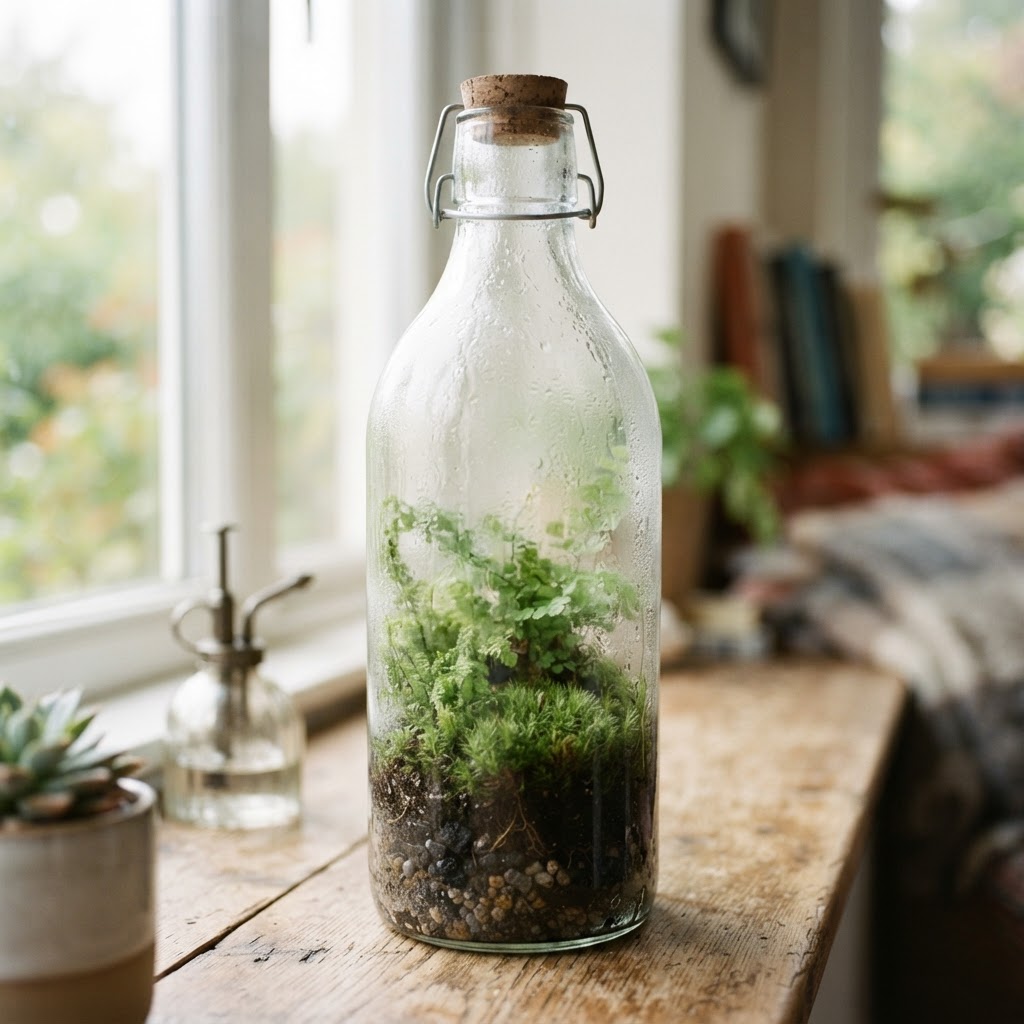 Tall glass bottle terrarium with cushion moss, selaginella spike moss and a tiny fern with soft condensation on the glass