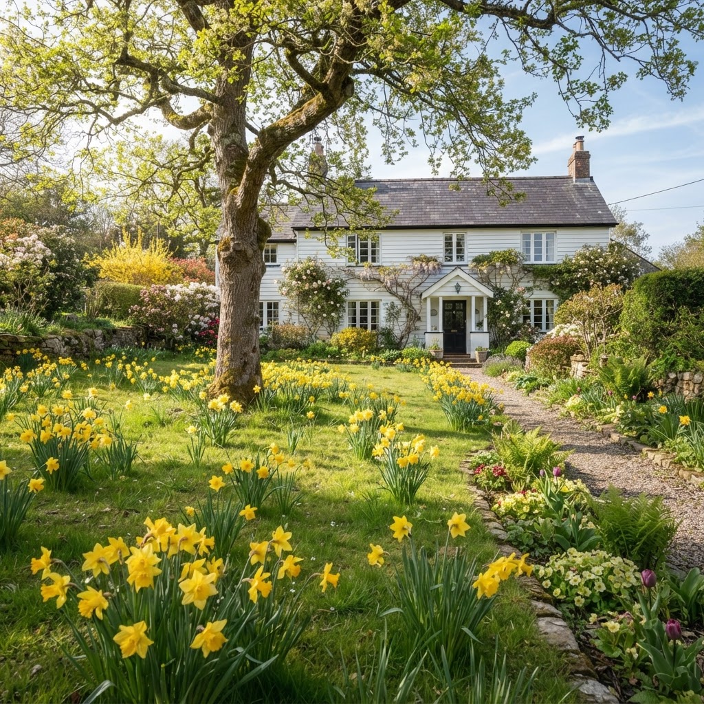 Yellow daffodils naturalised in a spring lawn under a large tree in front of a white house