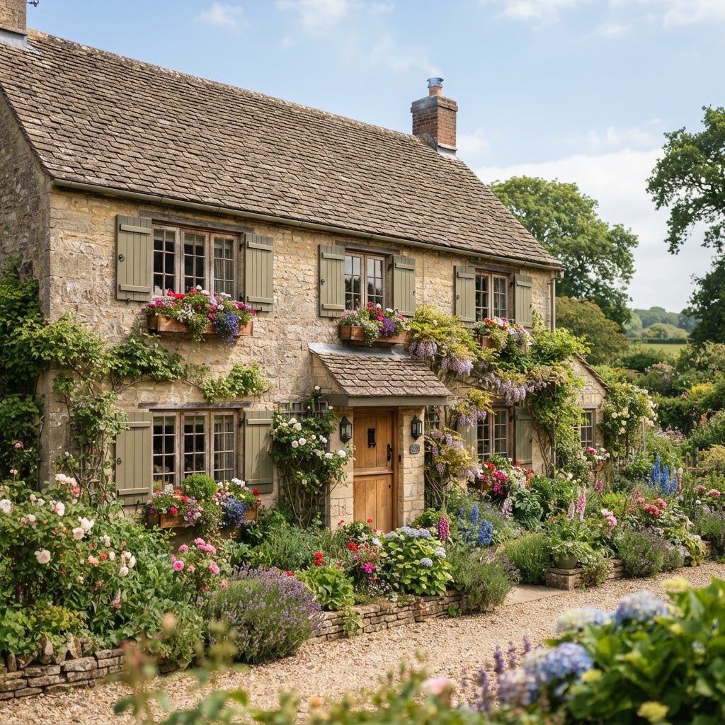 Beige stone cottage with olive green board and batten shutters and window boxes of flowers