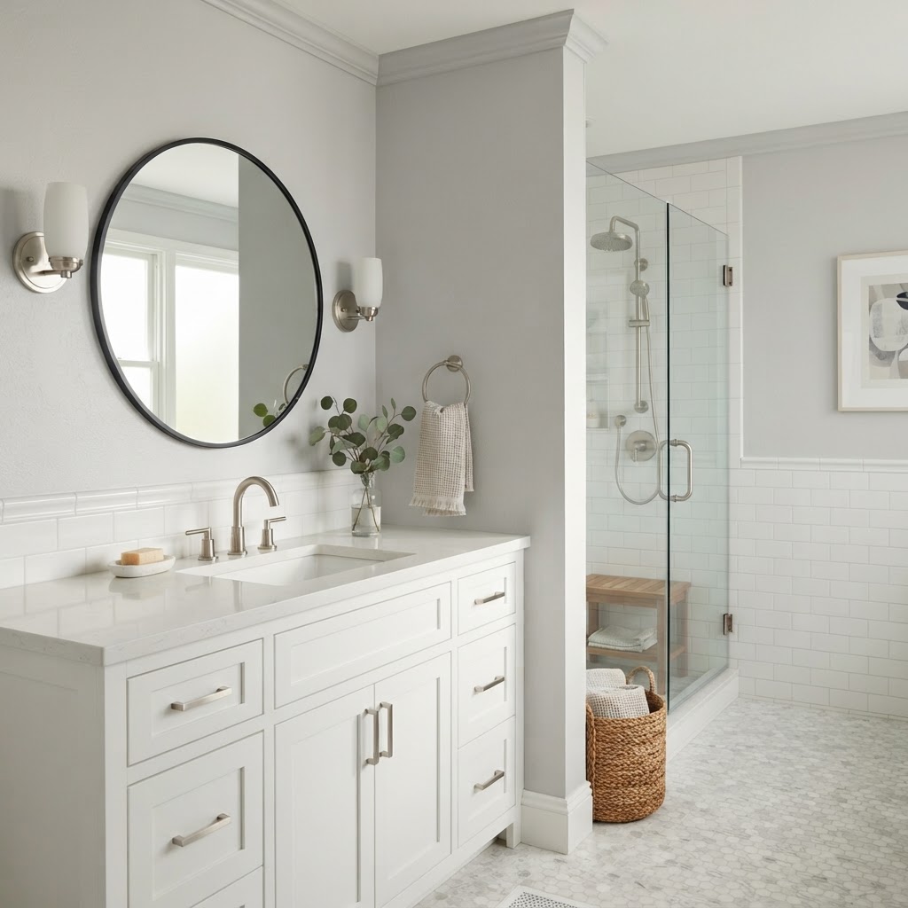Bathroom with pale grey walls, a white vanity and brushed nickel taps