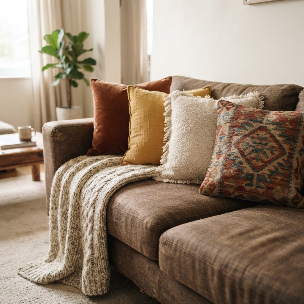 Close-up of a brown sofa styled with throw pillows in rust, mustard and cream, a patterned kilim cushion and a chunky knit throw