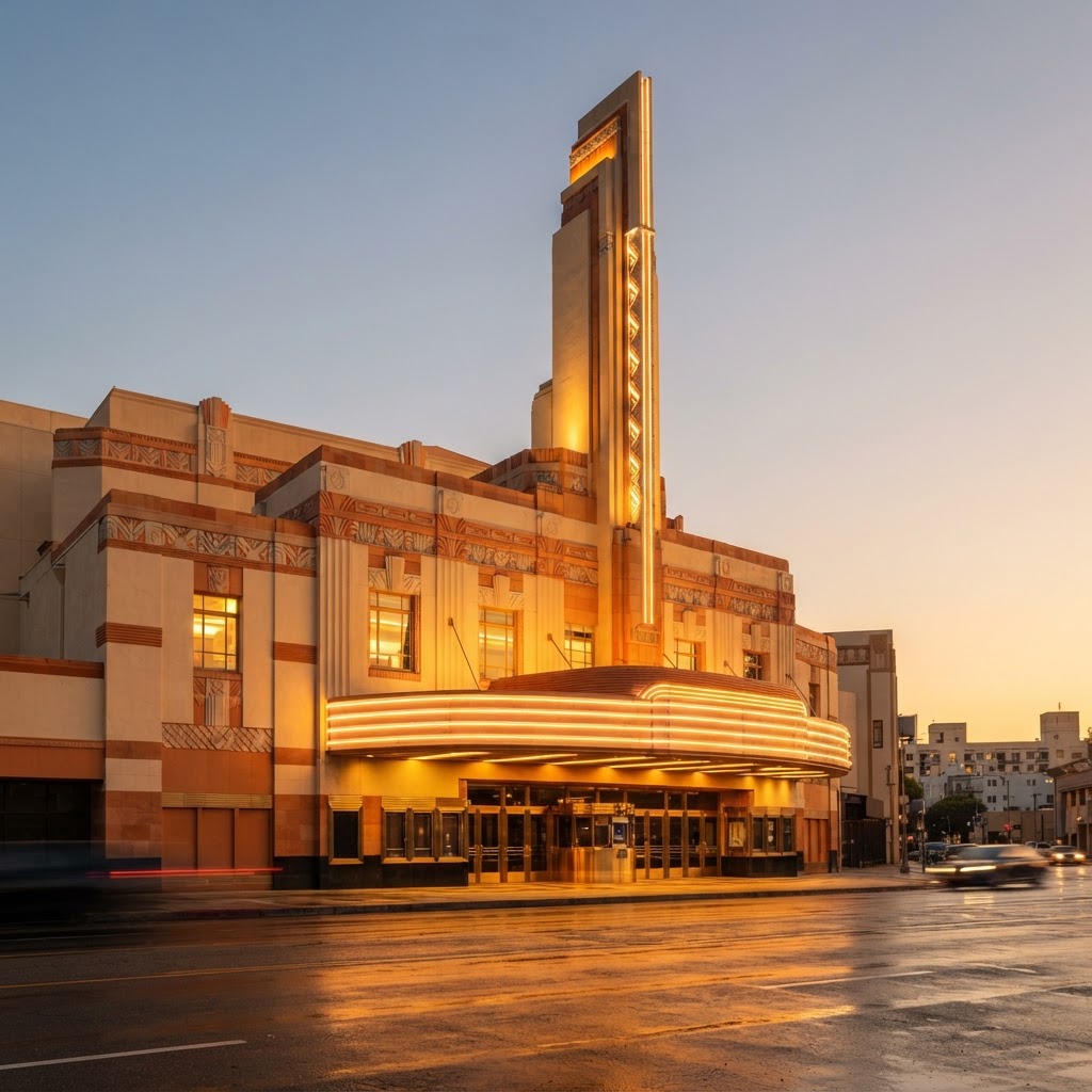 Art Deco cinema exterior with a tall vertical fin and a curved canopy