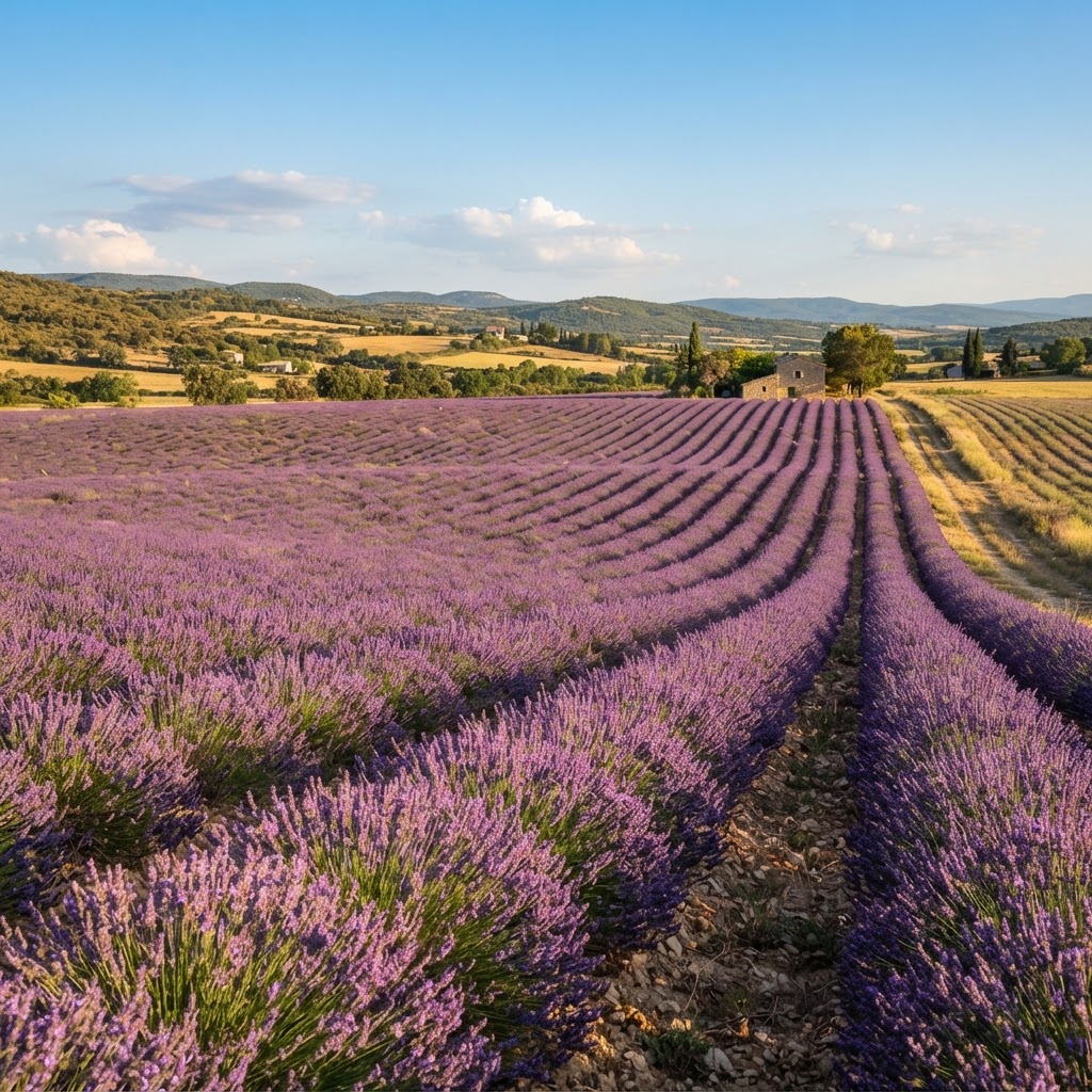 Rows of lavandin in full purple bloom in a lavender field in Provence in summer