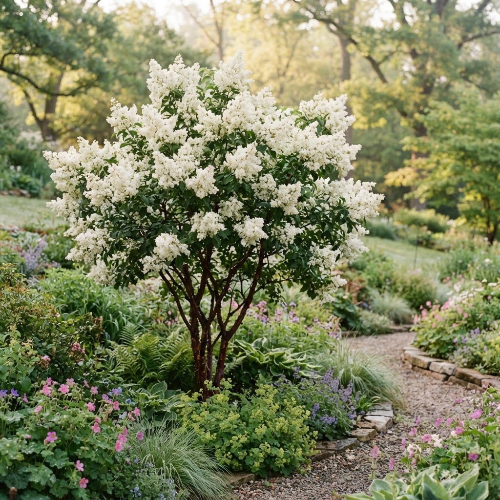 Japanese tree lilac with large creamy white flower plumes in early summer growing as a small tree in a garden