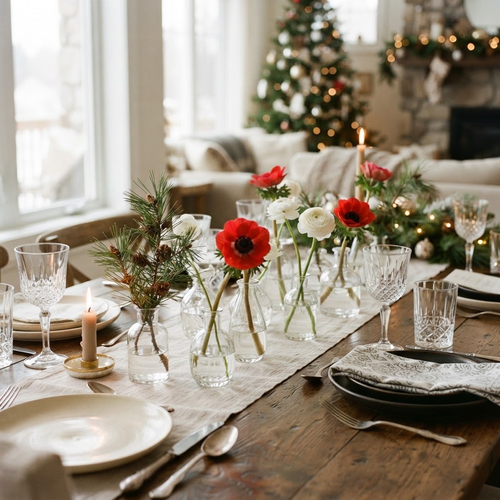 Small glass bud vases along a festive dinner table, each with a single red anemone, white ranunculus or sprig of pine