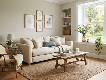 Bright living room with walls painted in a soft light warm greige similar to Benjamin Moore Edgecomb Gray, a cream linen sofa, a rattan armchair, a wooden coffee table, a jute rug and a large sunny window