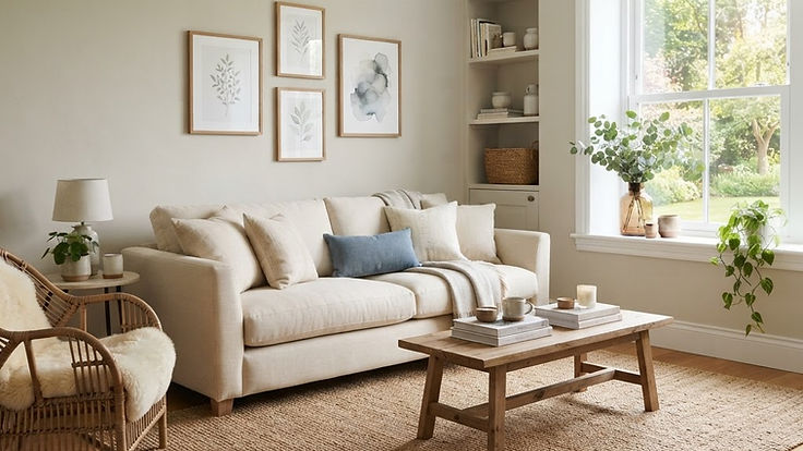 Bright living room with walls painted in a soft light warm greige similar to Benjamin Moore Edgecomb Gray, a cream linen sofa, a rattan armchair, a wooden coffee table, a jute rug and a large sunny window