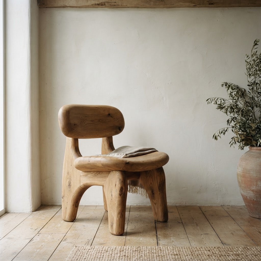 Chunky carved solid oak chair with a curved organic form against a plain plaster wall
