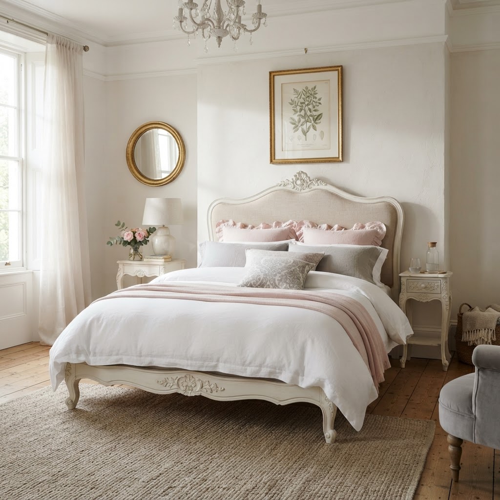 Curved French-style carved white bed with blush pink and dove grey bedding