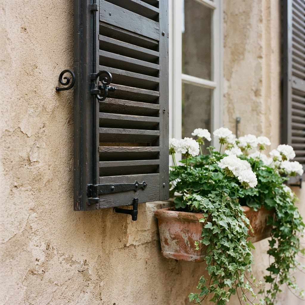 Close-up of a dark louvered shutter with black iron hinges and a window box of white geraniums and ivy