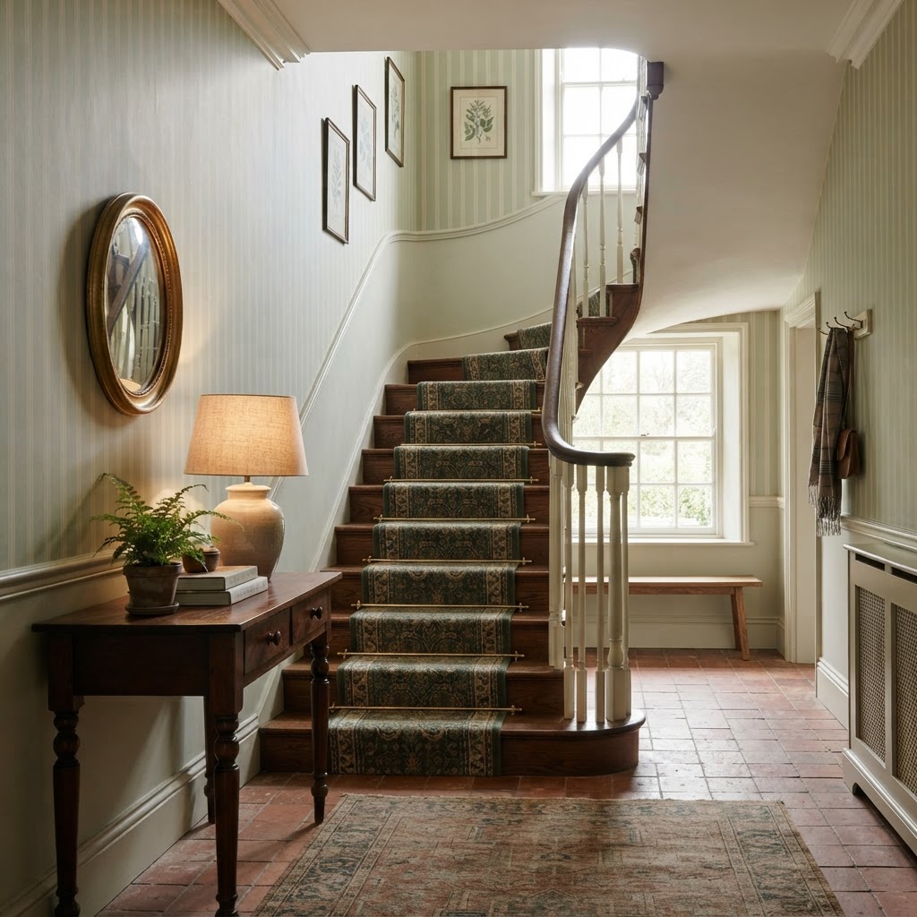 Entrance hall and staircase with a classic vertical stripe wallpaper in soft green and cream, a runner on the stairs and a console table