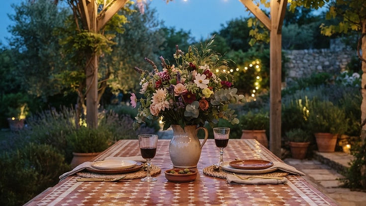 Rustic outdoor dining table with a terracotta and white zellige tiled top under a pergola with string lights, set with plates and a jug of garden flowers in warm summer evening light