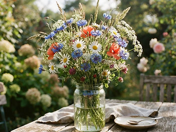 Loose wildflower bouquet of cornflowers, ox-eye daisies, poppies and grasses in a glass jar on a garden table in summer