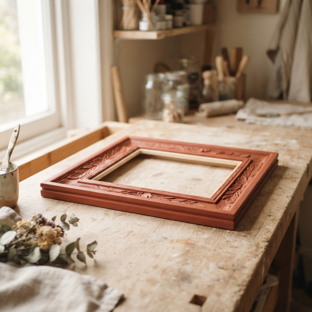 BEFORE: a plain carved wooden picture frame, sanded smooth and painted with an even matt terracotta red base coat, lying on a pale wooden workbench before any gold leaf is applied