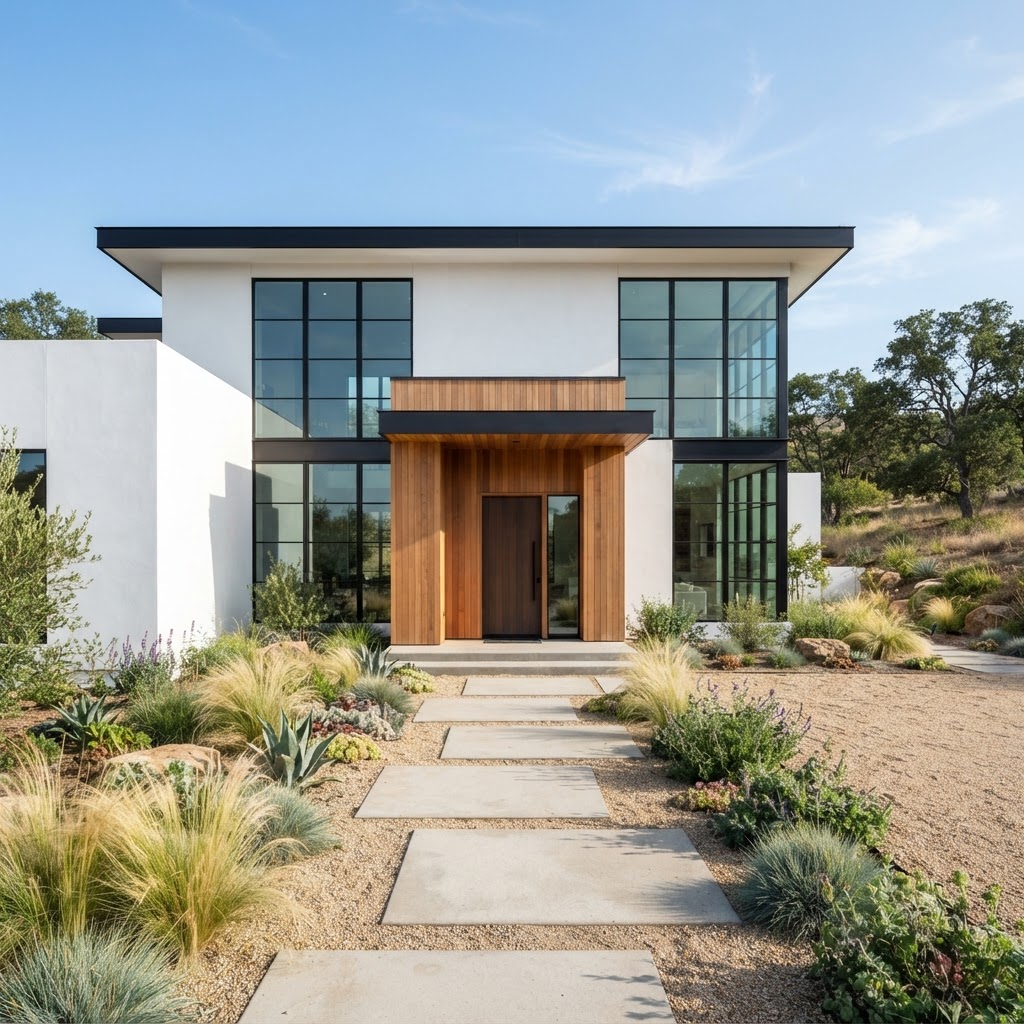 White contemporary house with large black-framed windows, a flat roof with black fascia and a cedar-clad entrance, reached by concrete stepping stones through grasses