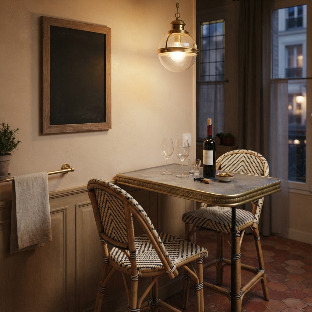 Parisian bistro style corner with cream and black woven rattan bistro chairs, a small zinc topped table with wine glasses and a bottle of red wine, a blank chalkboard and panelled walls in warm evening light