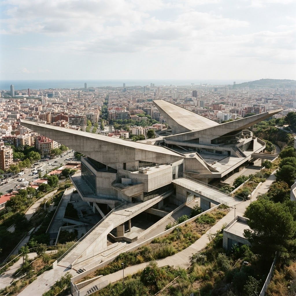 Concrete sports and concert complex with two great sloping wings on a hillside above a city