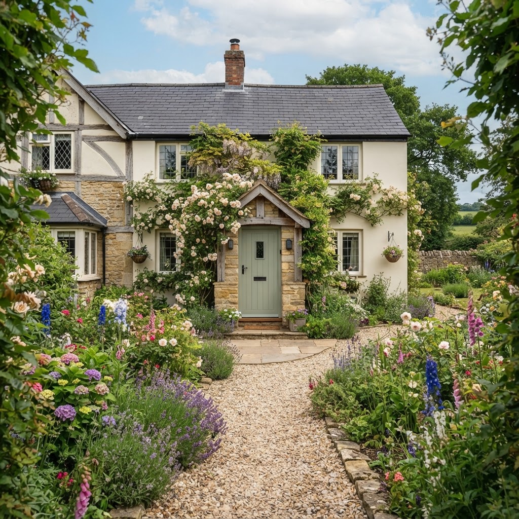 Cottage exterior painted creamy warm white with a sage green front door, climbing roses, a stone porch and a gravel path through a cottage garden