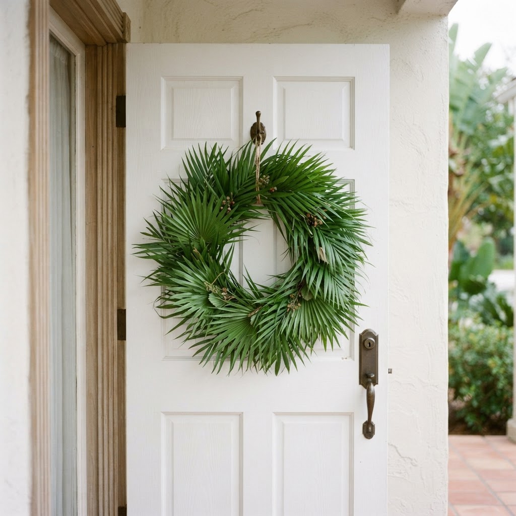 Wreath of fresh green palm leaves and fan palms hanging on a white front door