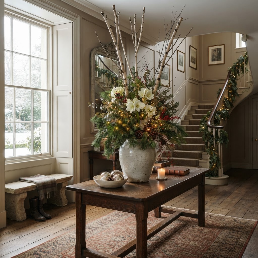 Tall Christmas arrangement of bare birch branches, white flowers and pine in a large stoneware urn on a hall table in an elegant entrance hall