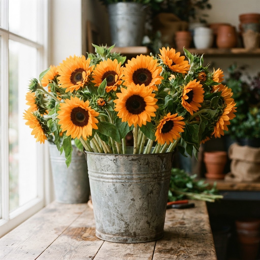 Bunch of pollen-free orange sunflowers with dark centres in a florist's bucket