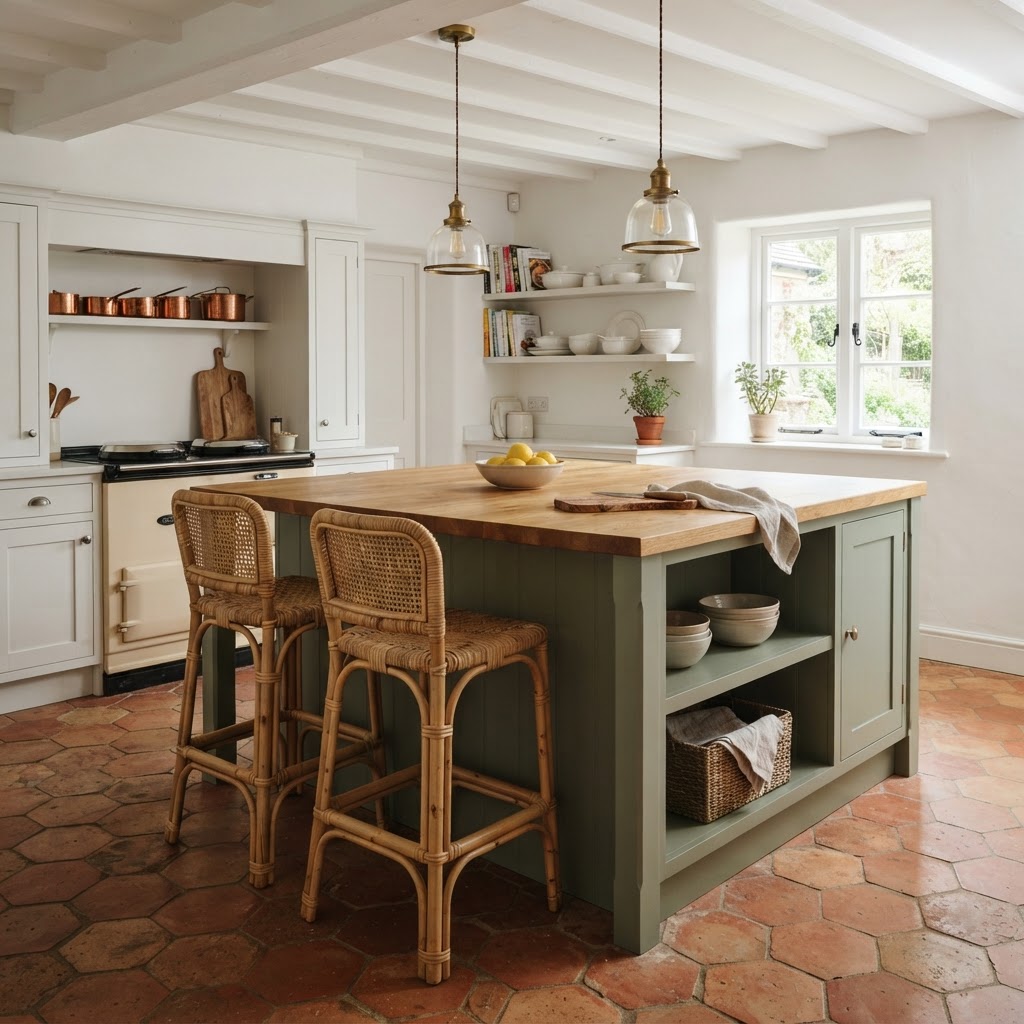 Kitchen island painted sage green with a butcher block oak worktop, rattan bar stools, terracotta floor tiles, white walls and pendant lights