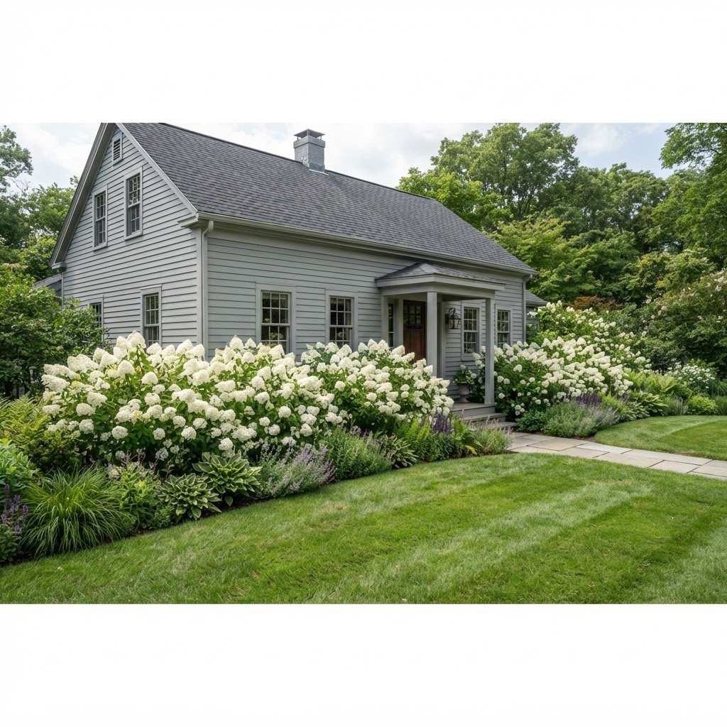 White panicle hydrangeas in full bloom along the front of a gray clapboard house with a neat lawn