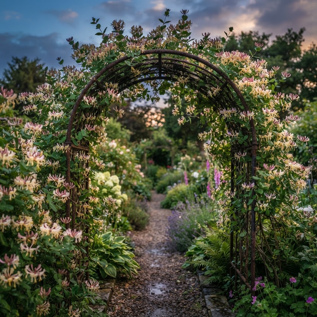 Creamy honeysuckle flowers climbing over a garden arch at dusk