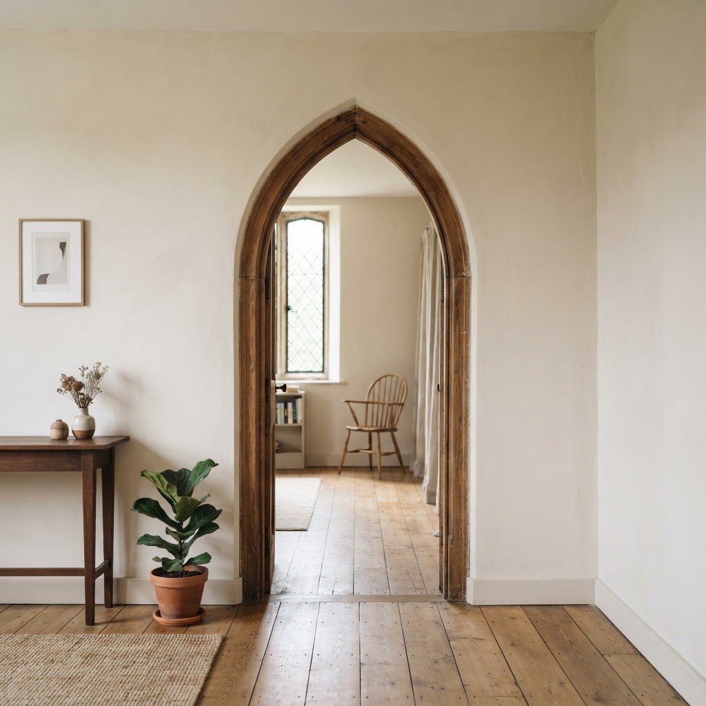 Pointed-arch wooden doorway between two rooms with painted walls