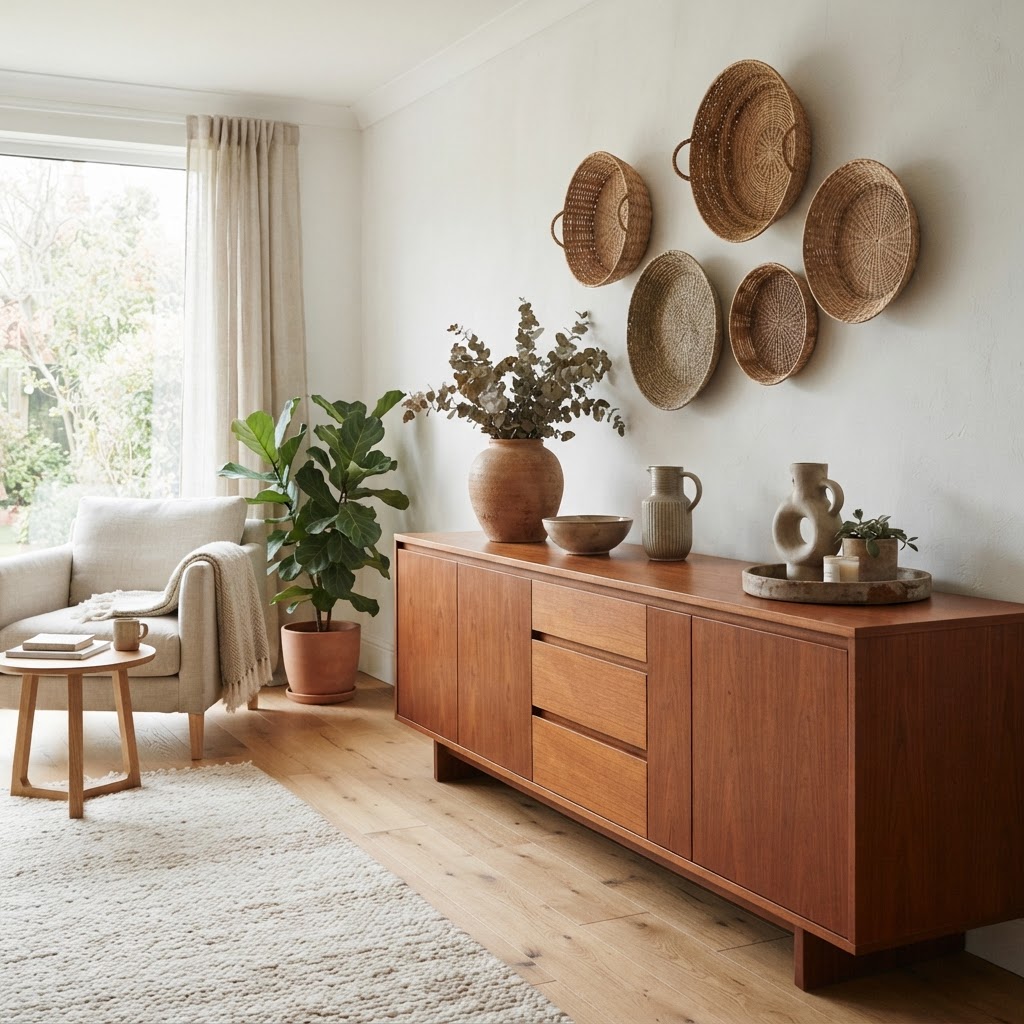 Minimal living room with a reddish-brown hardwood sideboard, earthy ceramics and woven baskets on the wall