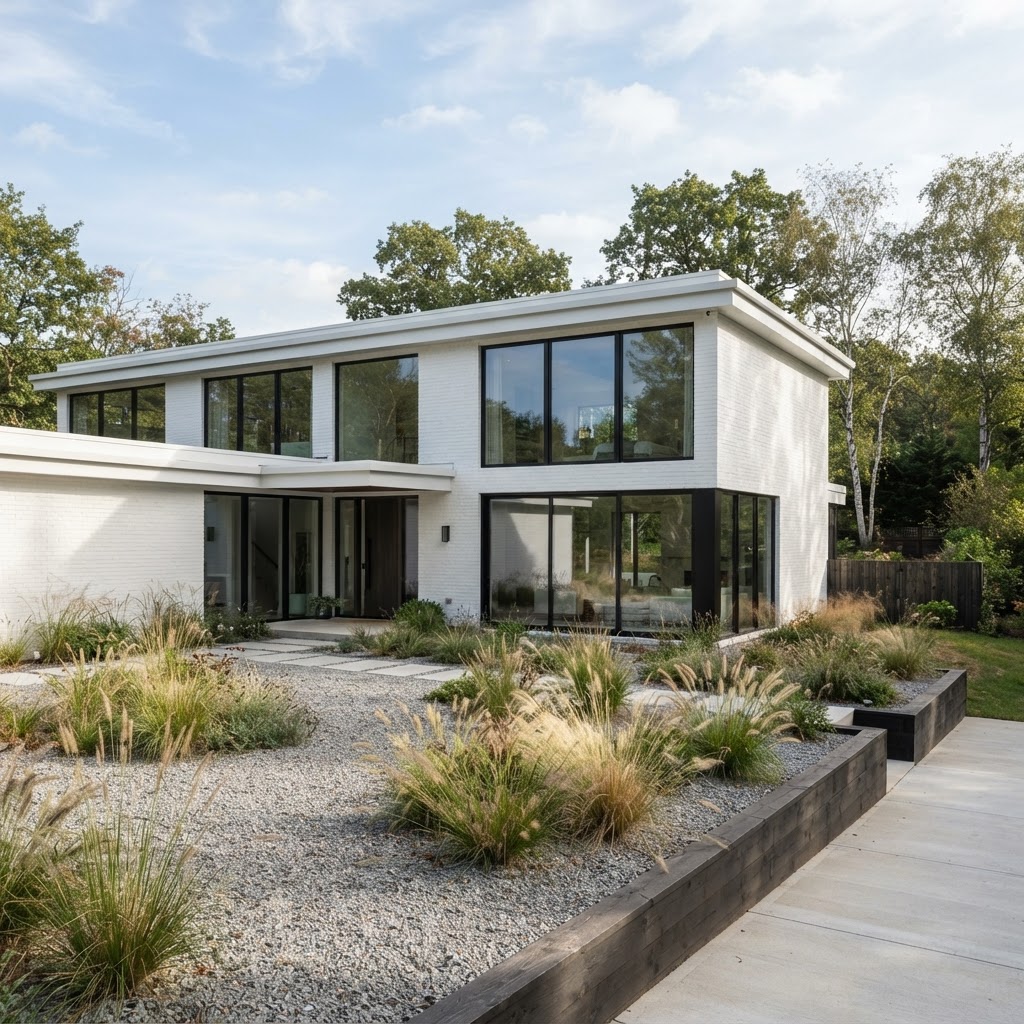 Modern flat-roofed house in white painted brick with large black framed windows and a minimalist gravel garden of grasses