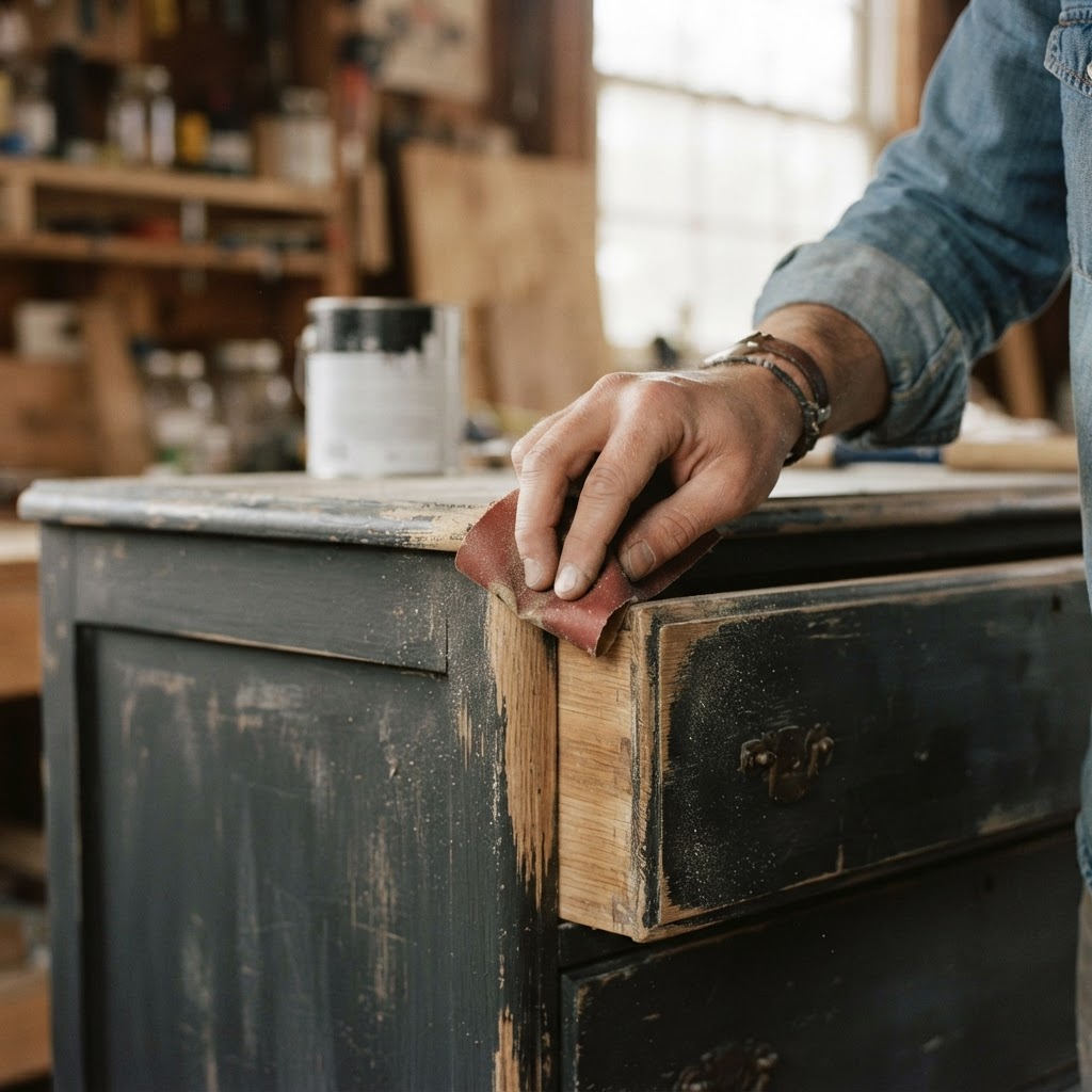 Hand sanding the edge of a charcoal painted dresser to reveal the wood for a distressed finish