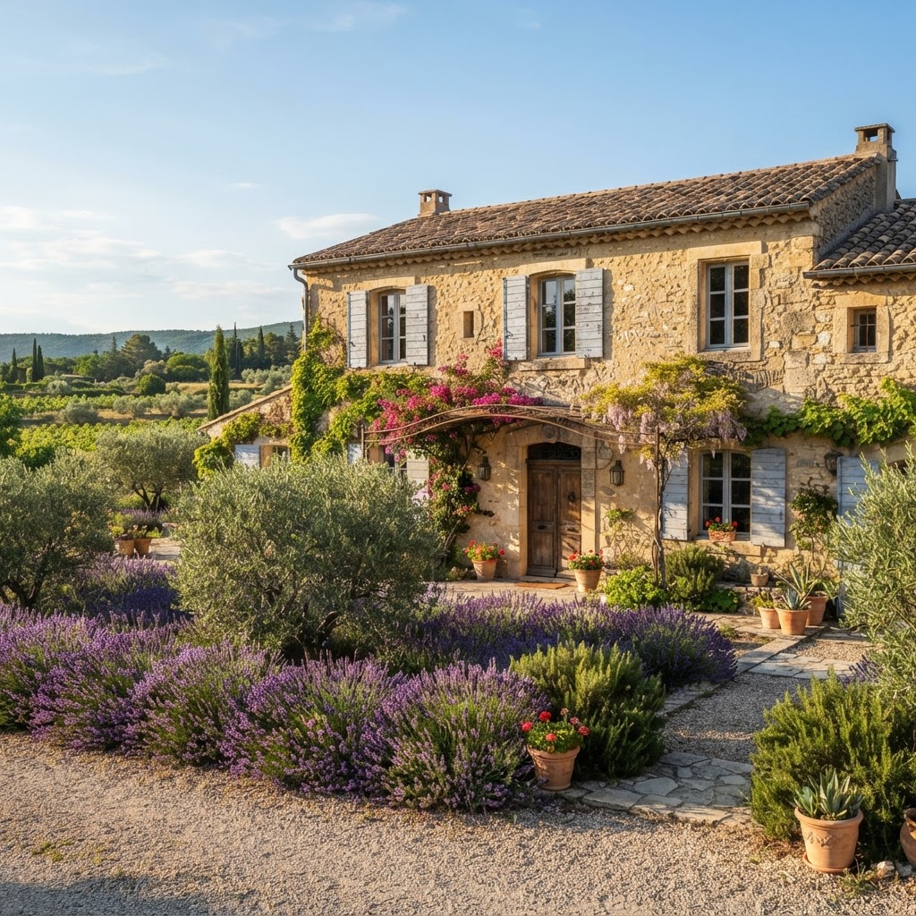 Provencal-style stone house with casement windows, pale blue shutters and lavender