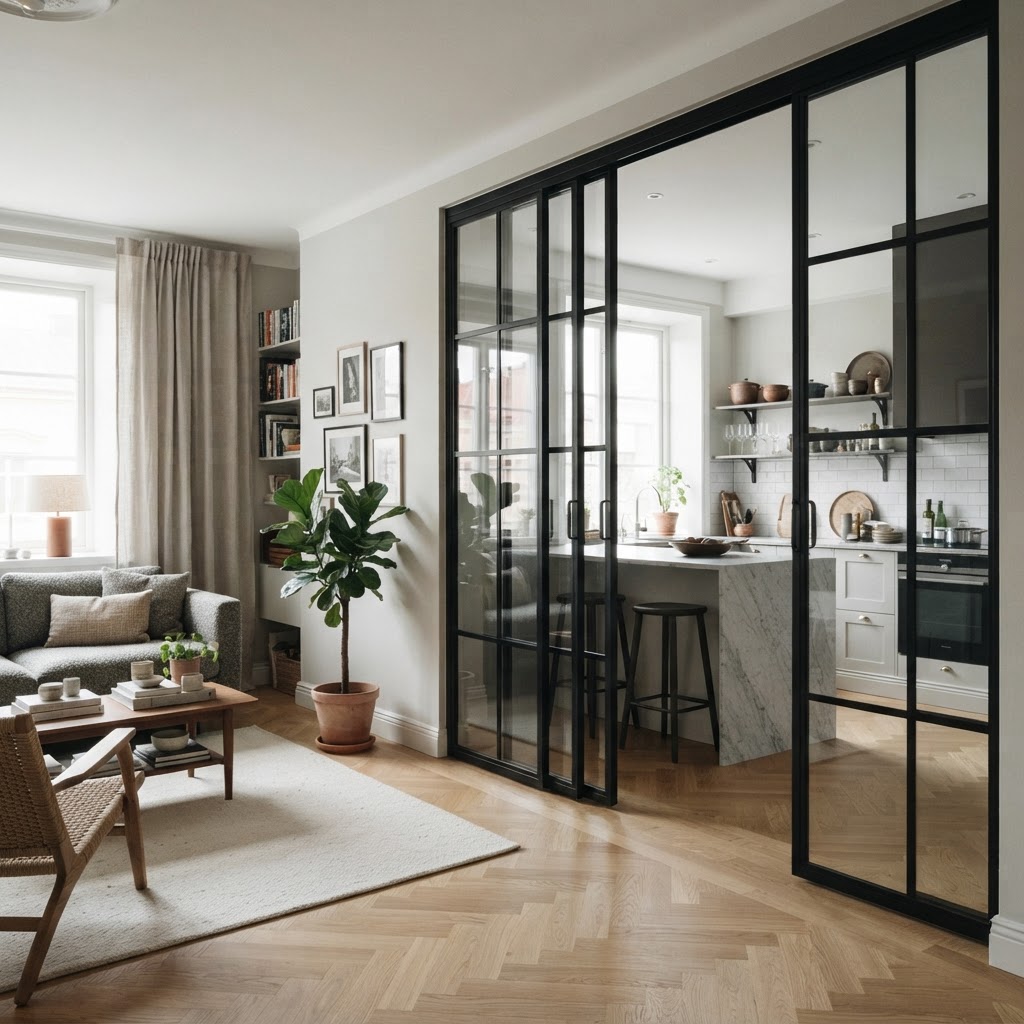 Black steel-framed glass sliding doors dividing a modern kitchen from a living room