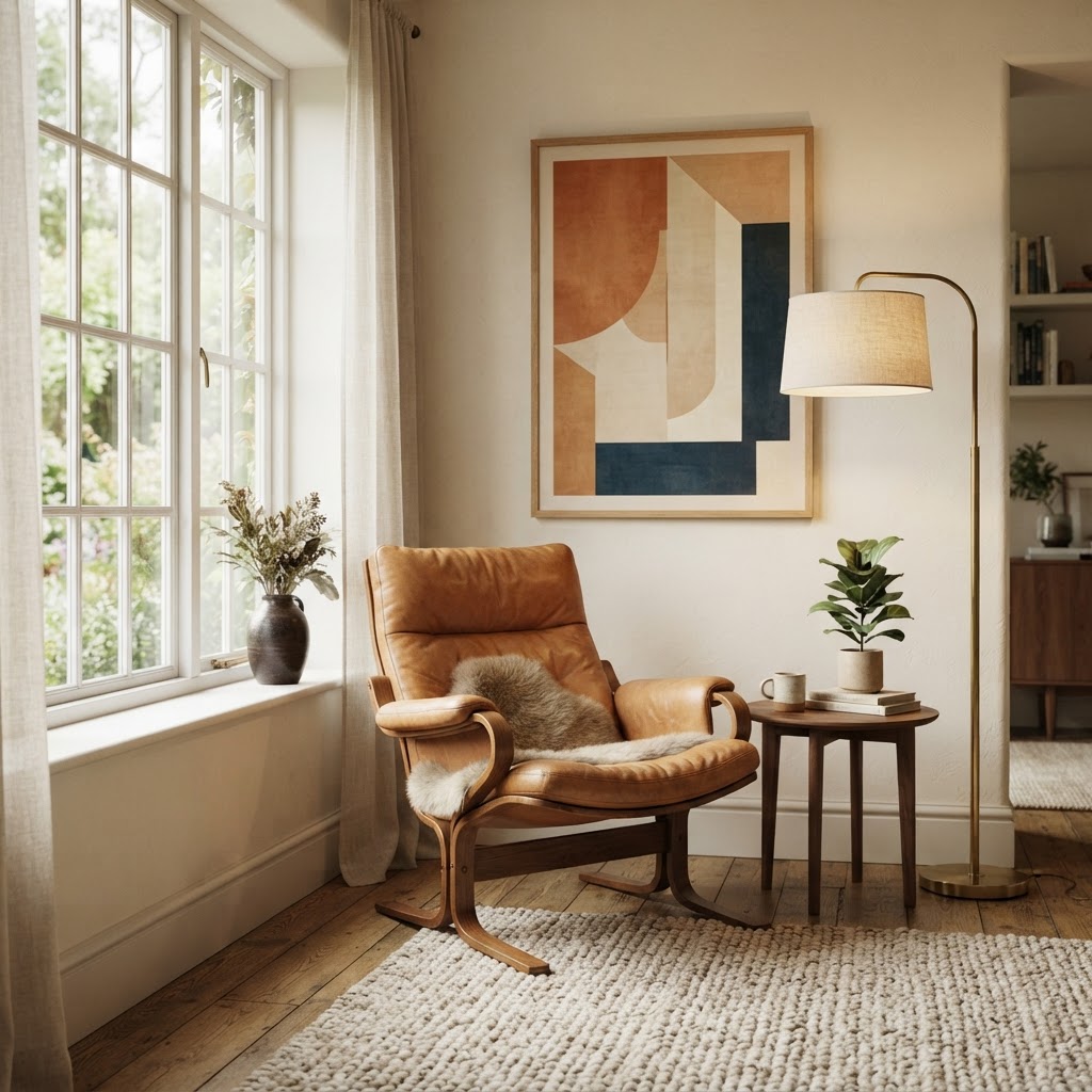 Sculptural lounge chair in a living room corner with a floor lamp, small side table and abstract art