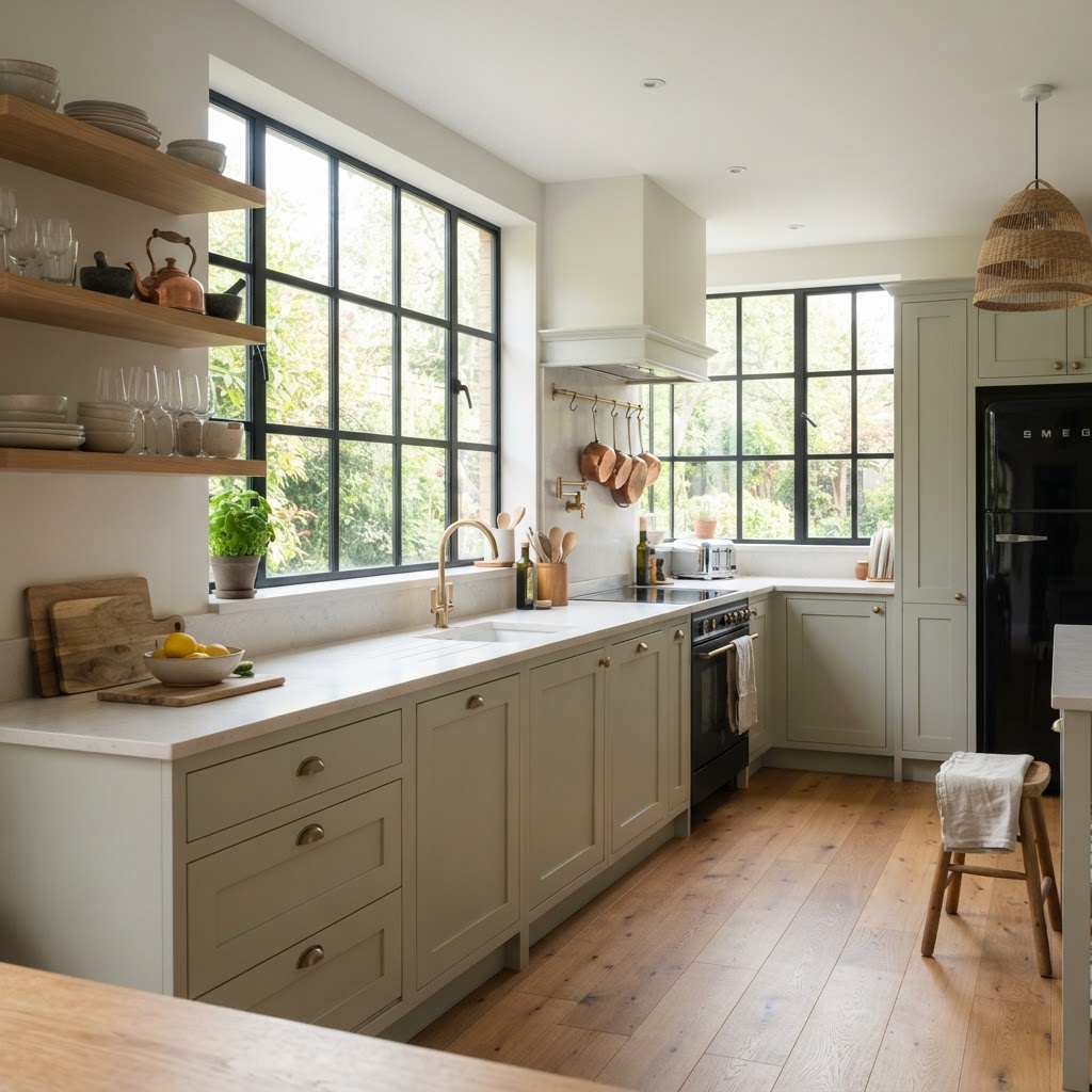 Modern kitchen with large black steel-framed grid windows above the worktop