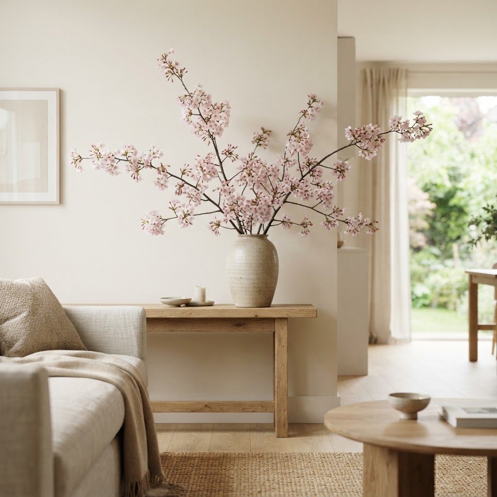 Branches of pale pink cherry blossom in a tall ceramic vase in a bright living room