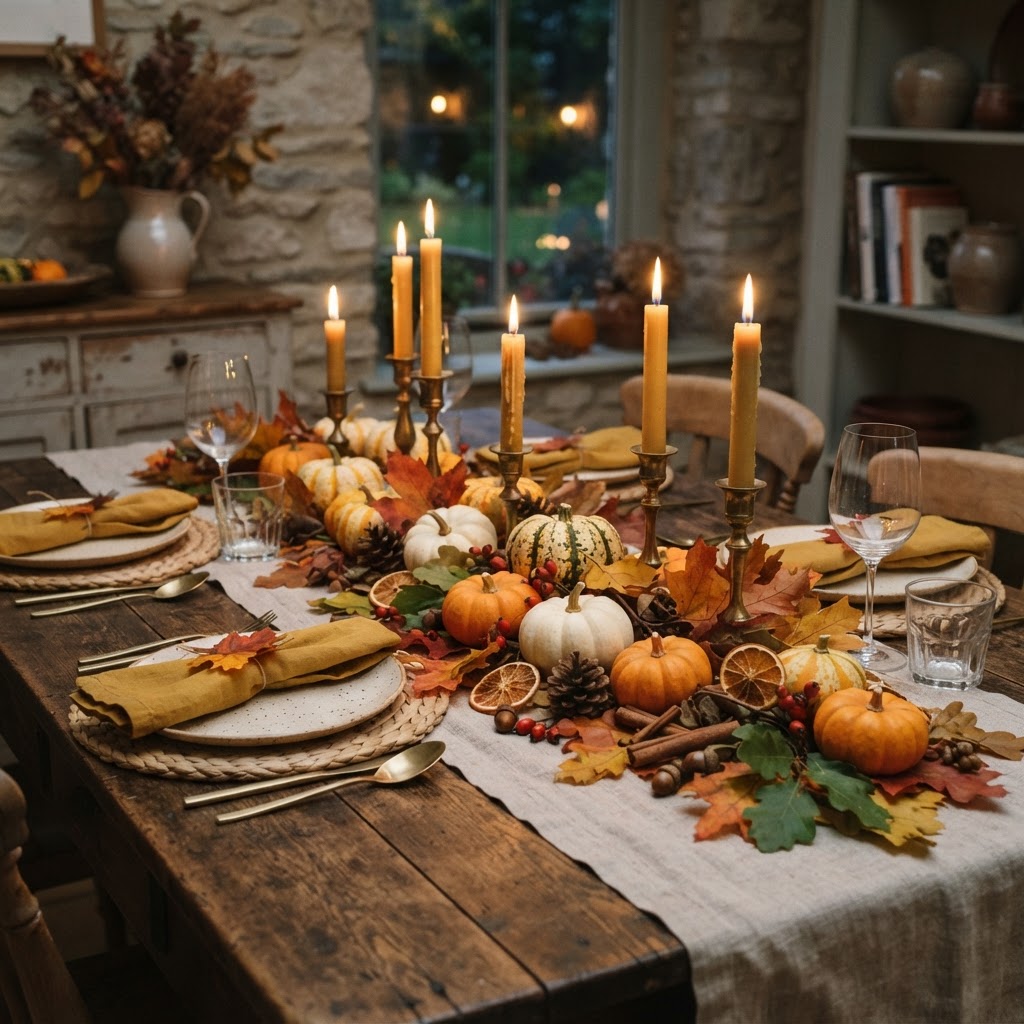 Autumn dining table centrepiece on a linen runner with foraged leaves, small pumpkins and gourds, dried orange slices, pinecones, rose hips and candles in brass holders