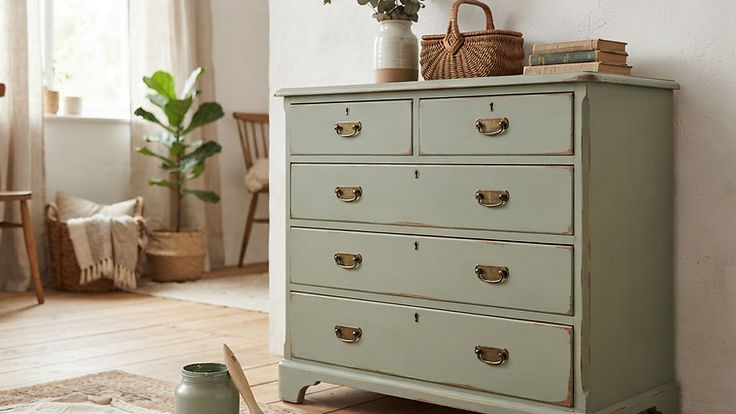 Vintage dresser freshly painted in matt sage green chalk paint with distressed edges, a jar of paint and a brush beside it