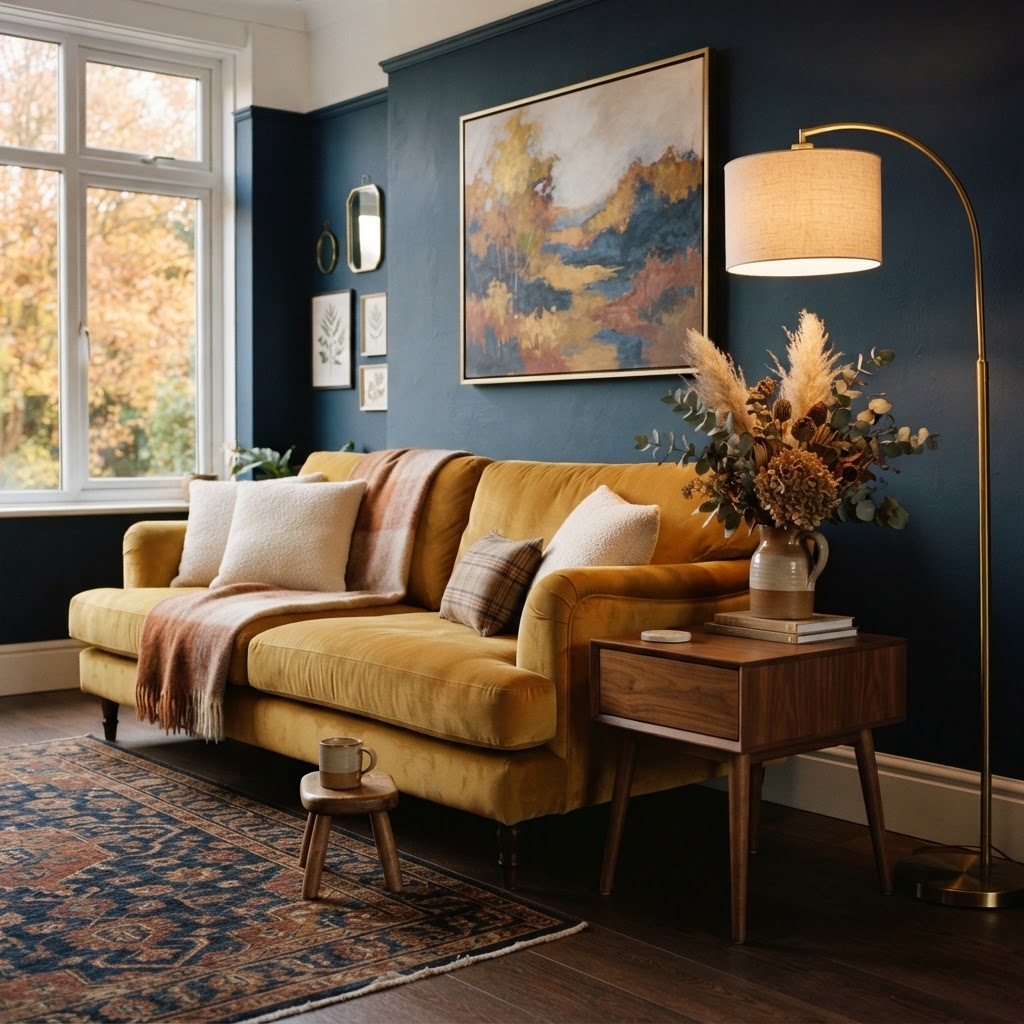 Living room with a mustard yellow velvet sofa against deep navy blue walls, a walnut side table, cream cushions, a brass floor lamp and dried flowers in warm autumn light