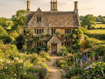 Small medieval English stone manor house with mullioned windows, a stone tiled roof, tall chimneys and a gabled porch, behind a cottage garden with lavender, foxgloves and a gravel path in golden afternoon light