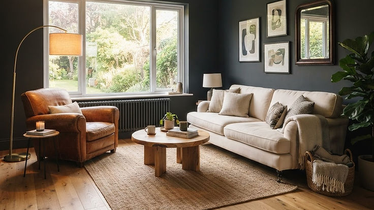 Living room with deep graphite gray walls, a cognac leather armchair, a cream sofa and a brass floor lamp