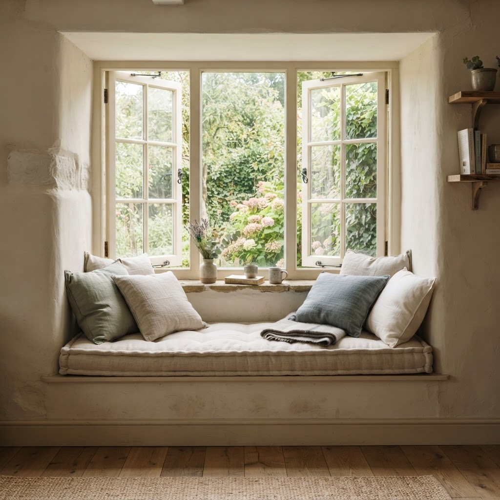 Cushioned window seat beneath open French casement windows