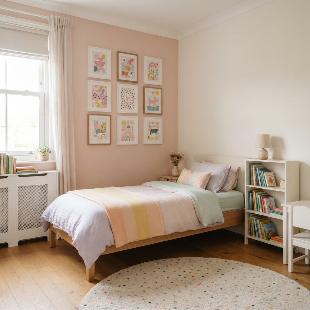 Gallery wall of colourful framed art prints above a bed with pastel bedding