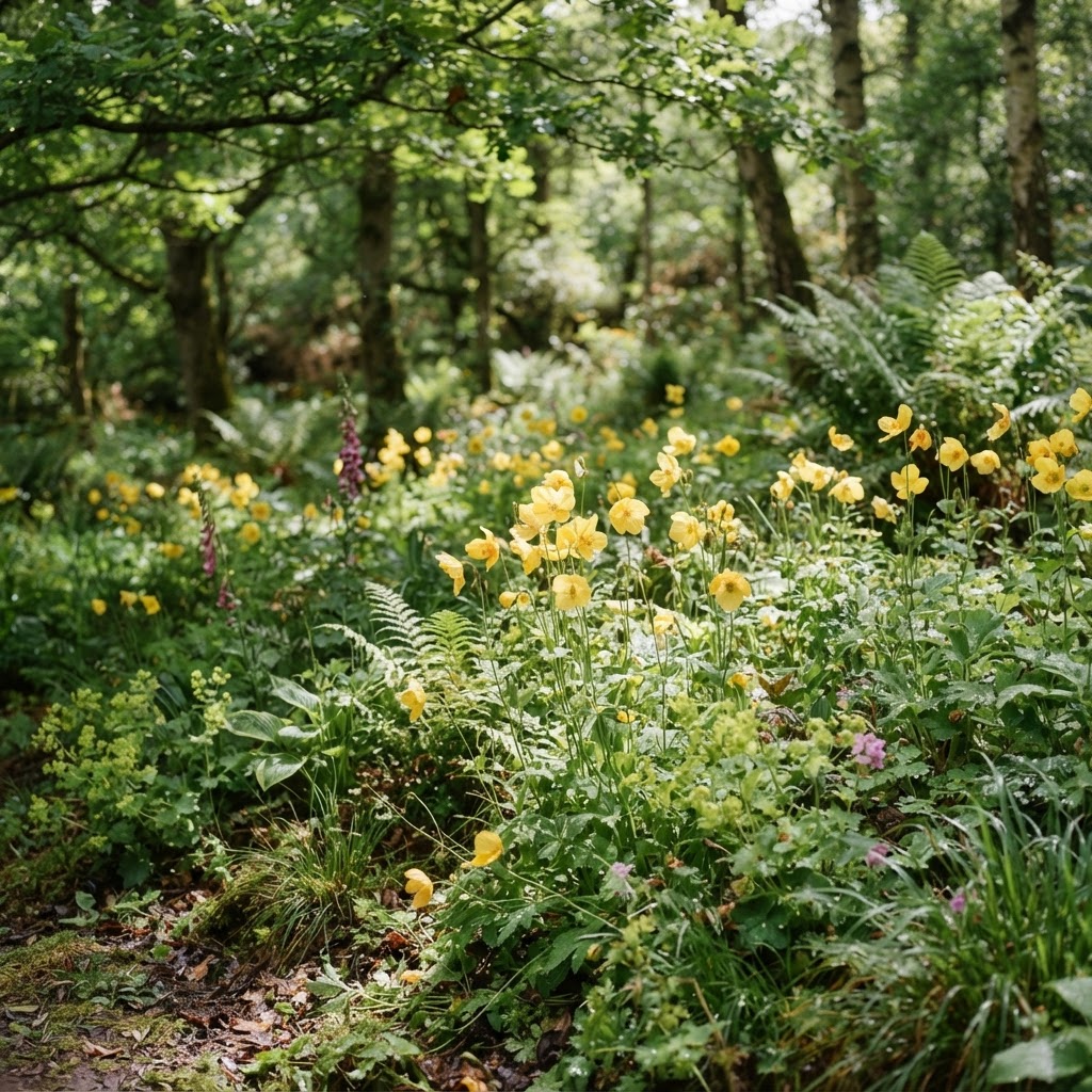 Yellow Welsh poppies flowering in a lightly shaded woodland border