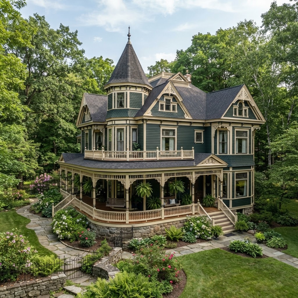 Dark forest green Victorian house with cream trim details, a turret, a wraparound porch and a stone path through a lawn surrounded by mature trees