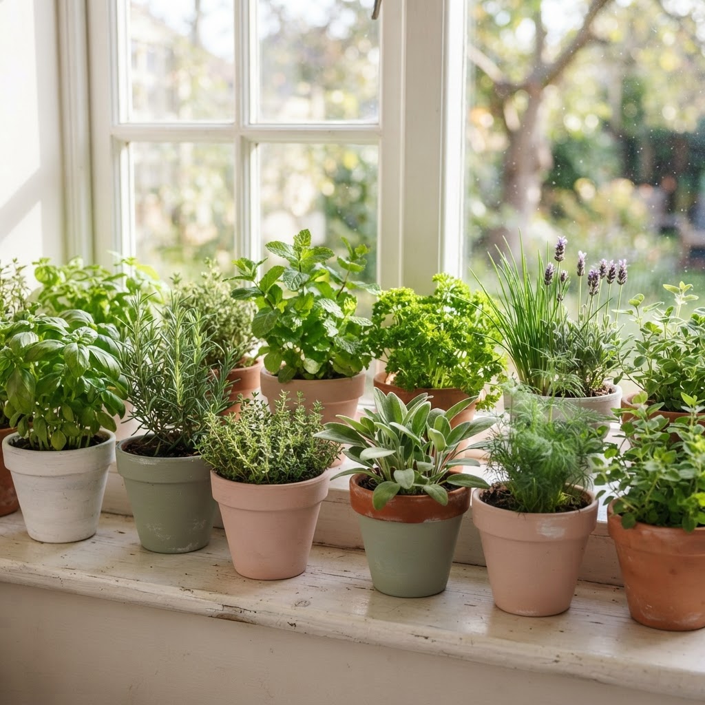 Terracotta plant pots painted in chalky white, sage and blush, planted with herbs on a sunny windowsill