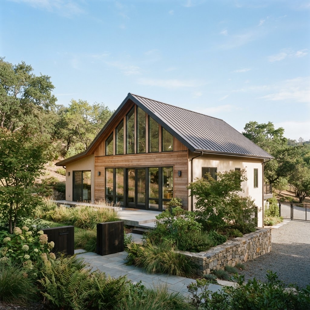 Modern house with tall windows following the slope of the gable roof