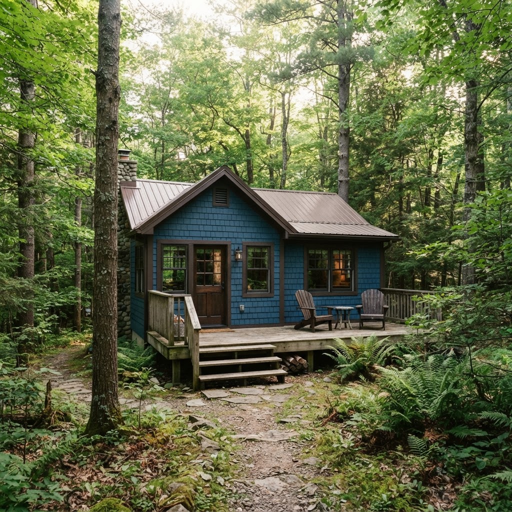 Small blue cabin in the woods with dark brown trim, a brown metal roof and a wooden deck with chairs, surrounded by tall trees and ferns