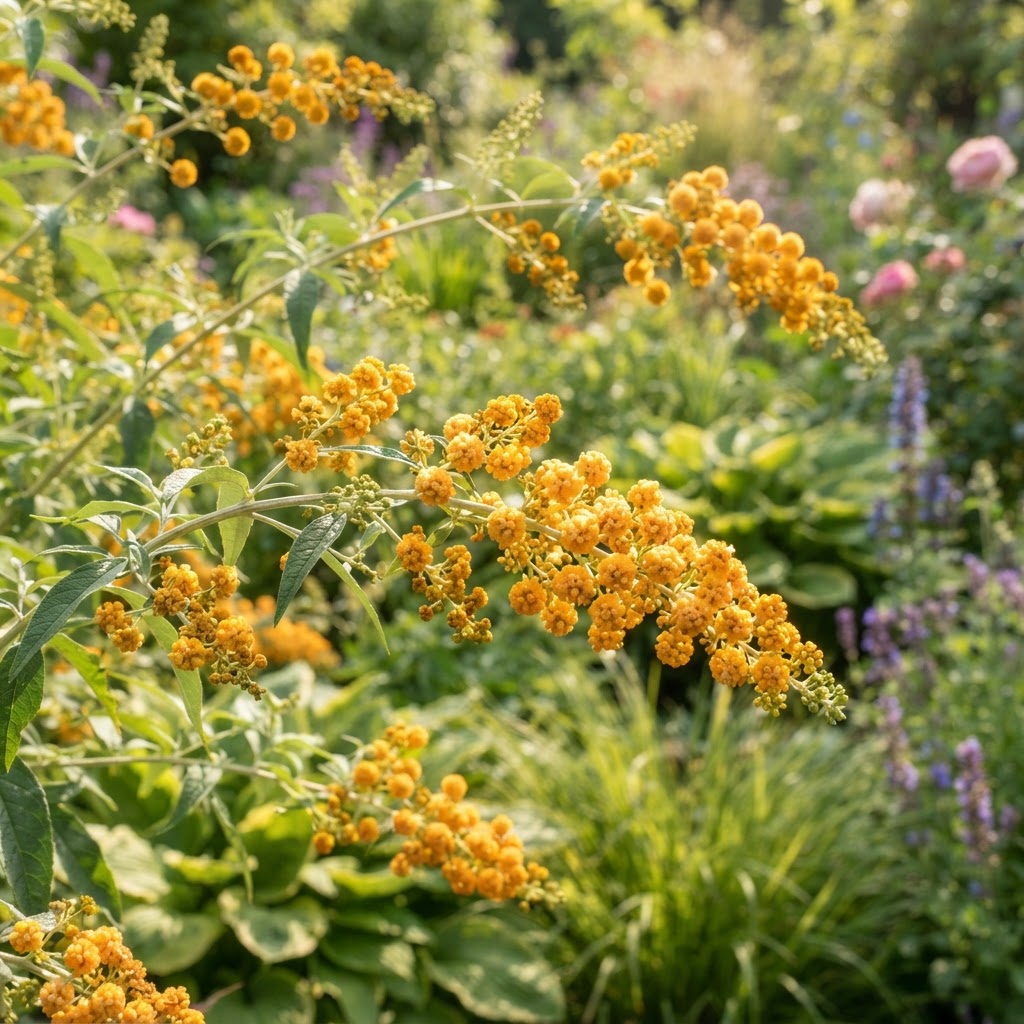 Golden yellow orange round flower clusters of a Sungold butterfly bush